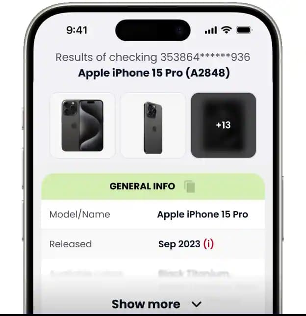 Example of free IMEI check result