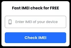 IMEI check form with input field and Check IMEI button on mobile interface